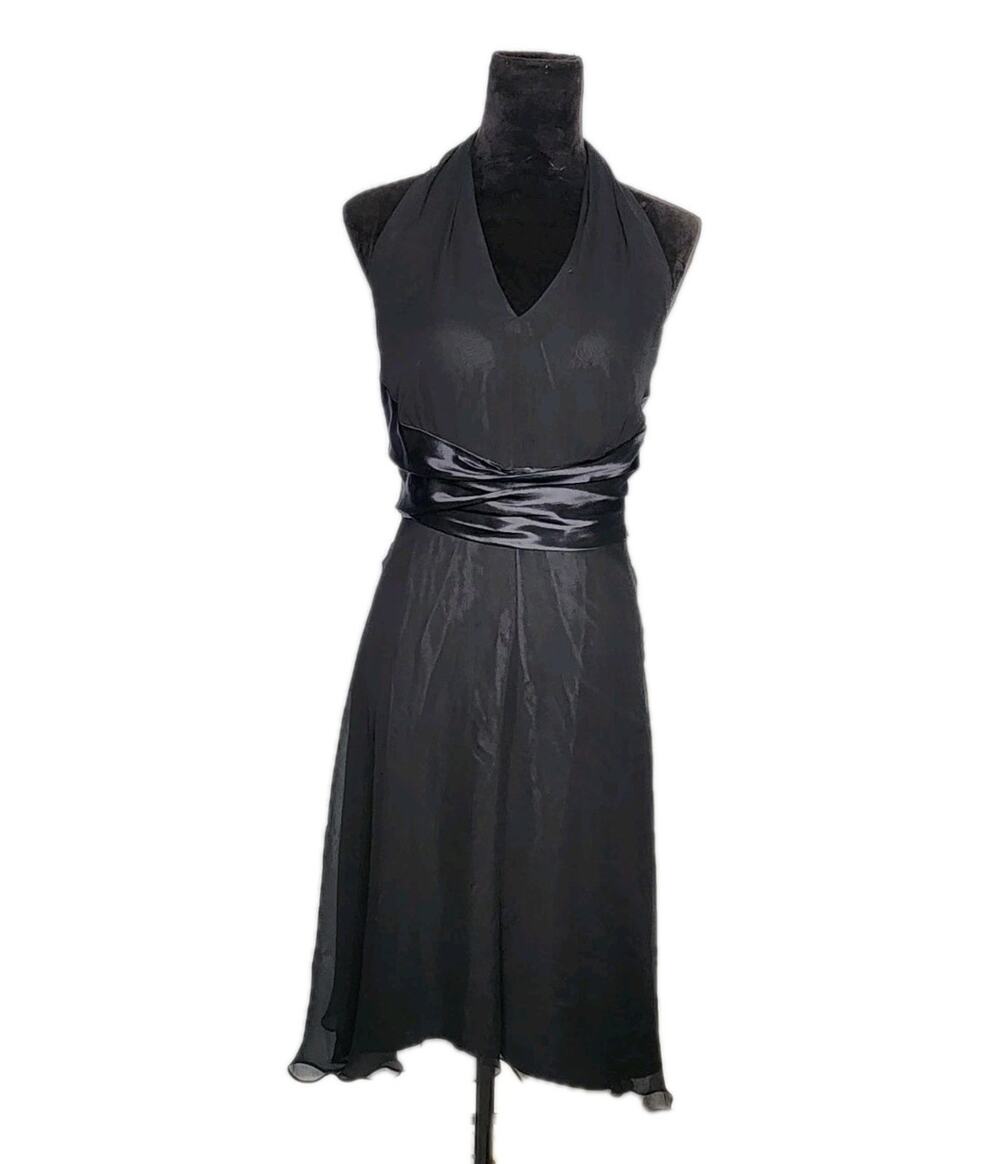 Vintage Y2K Donna Ricco Black Silk Halter Midi Dress Size 12P Ruffle Romantic
